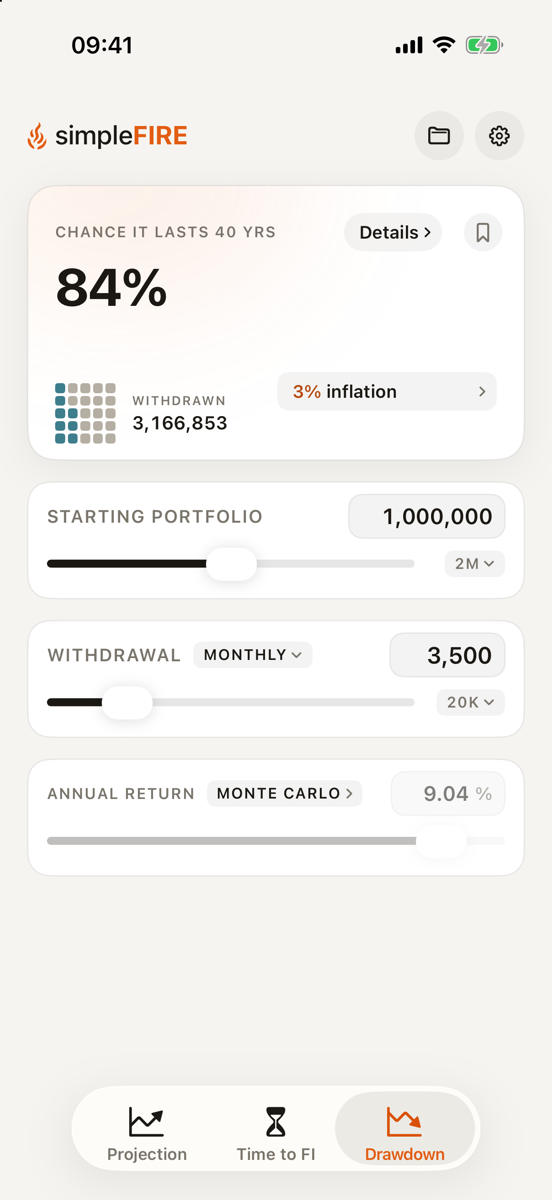 Drawdown with Monte Carlo: chance the portfolio lasts the planning horizon