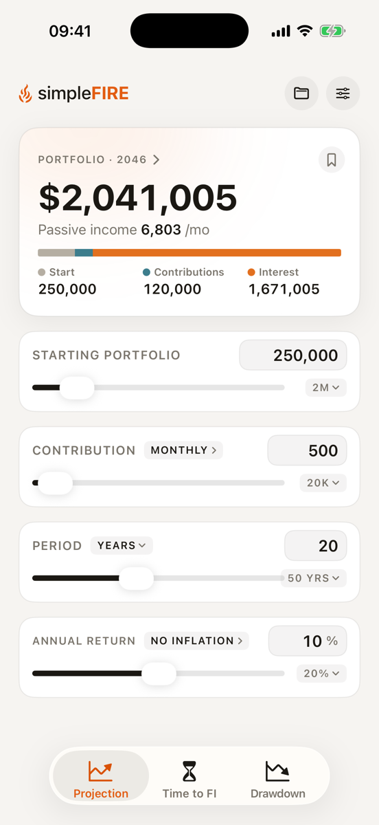 Projection calculator: result card with portfolio value and passive income, sliders below