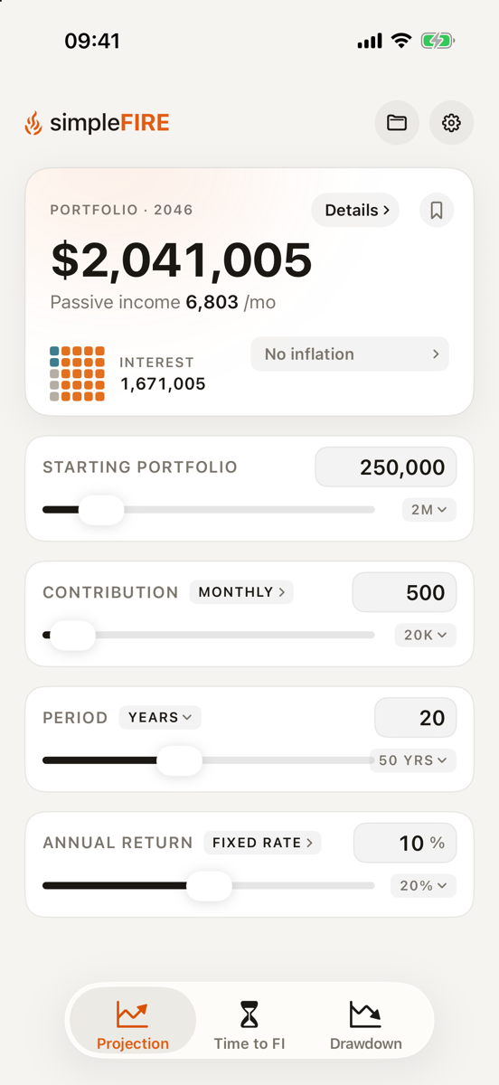 Projection calculator: result card with portfolio value and passive income, sliders below