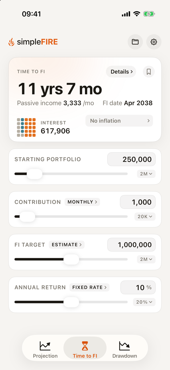 Time to FI calculator: years to target with the FI date and passive income