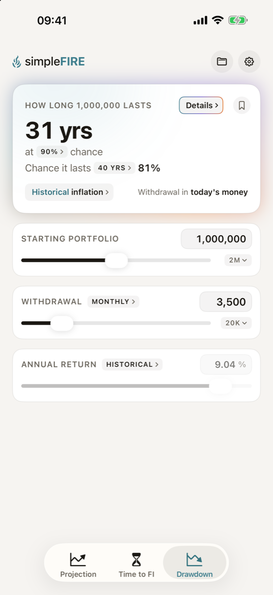 Drawdown with Historical: how long the money lasts with a 90% chance