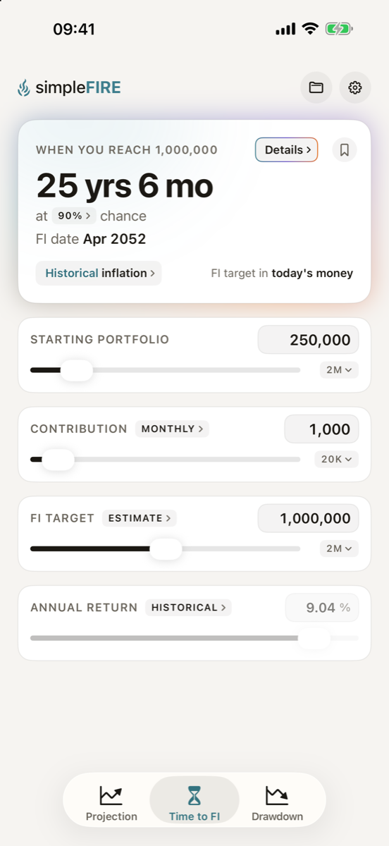 Time to FI with Historical: when you reach your target with a 90% chance