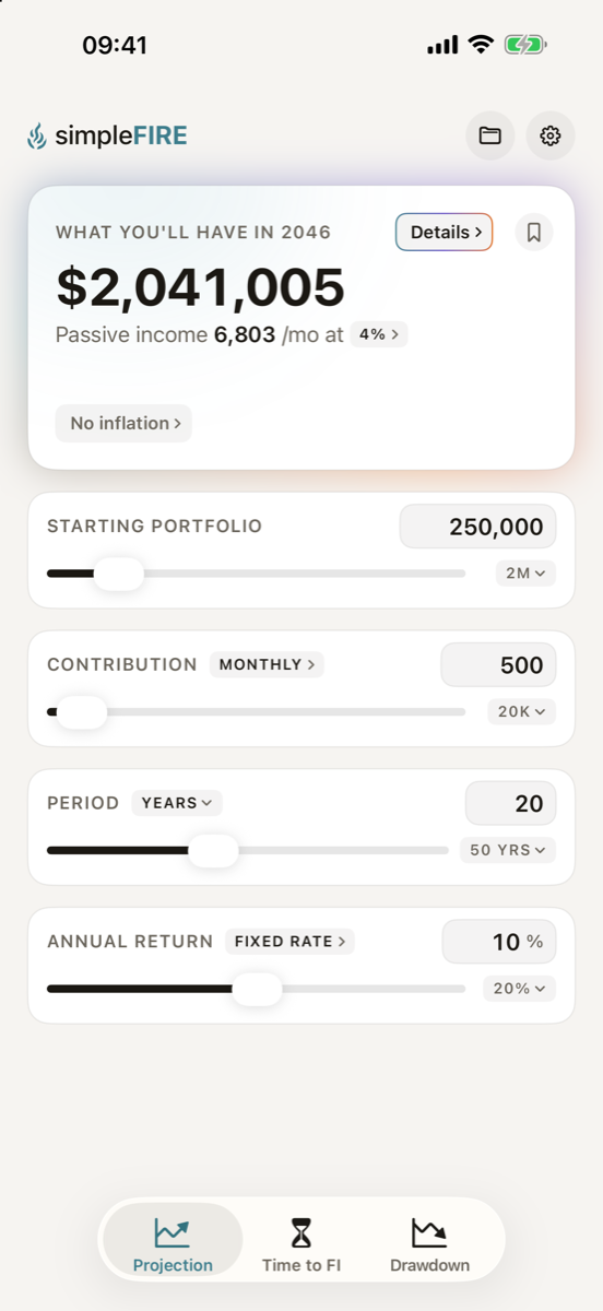 Projection calculator: result card with portfolio value and passive income, sliders below