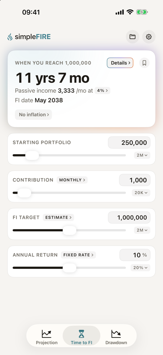 Time to FI calculator: years to target with the FI date and passive income
